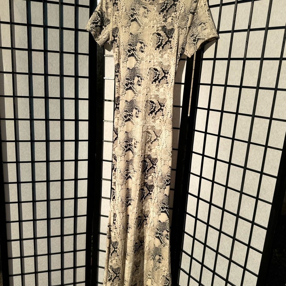 Snake Print Short-Sleeve Maxi Dress - Beige/Black